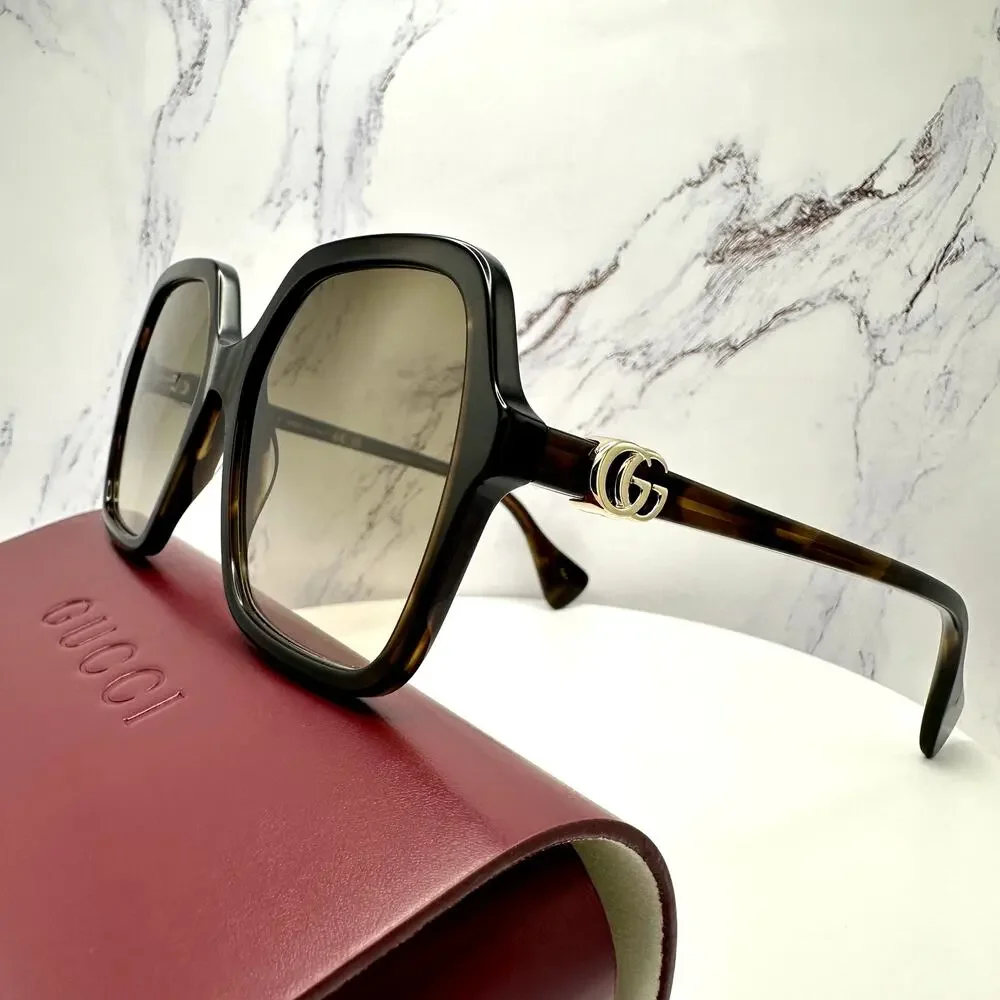 New GUCCI Sunglasses Brown Square Oversized Gold Metal GG Logo 56mm